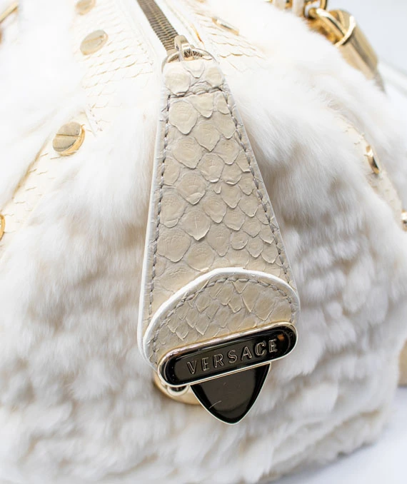 Gianni Versace Rare “Snap Out Of It” Fur Bag in White with Python Leather and Gold Hardware