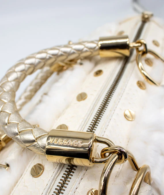 Gianni Versace Rare “Snap Out Of It” Fur Bag in White with Python Leather and Gold Hardware