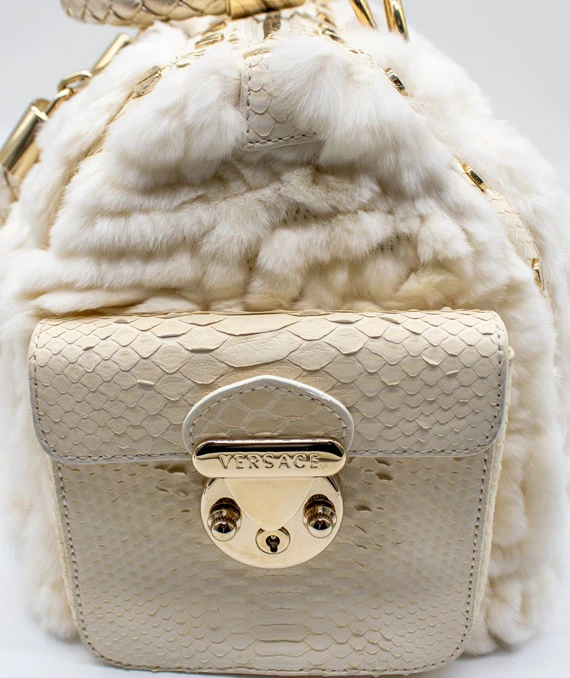 Gianni Versace Rare “Snap Out Of It” Fur Bag in White with Python Leather and Gold Hardware