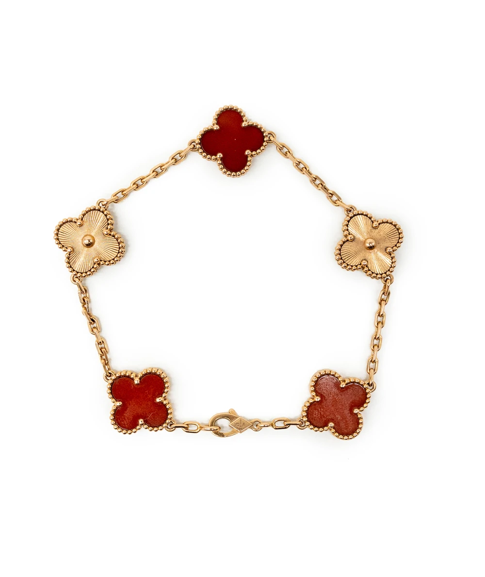 Van Cleef & Arpels Vintage Alhambra Carnelian 18K Pink Gold 5 Motif Station Bracelet