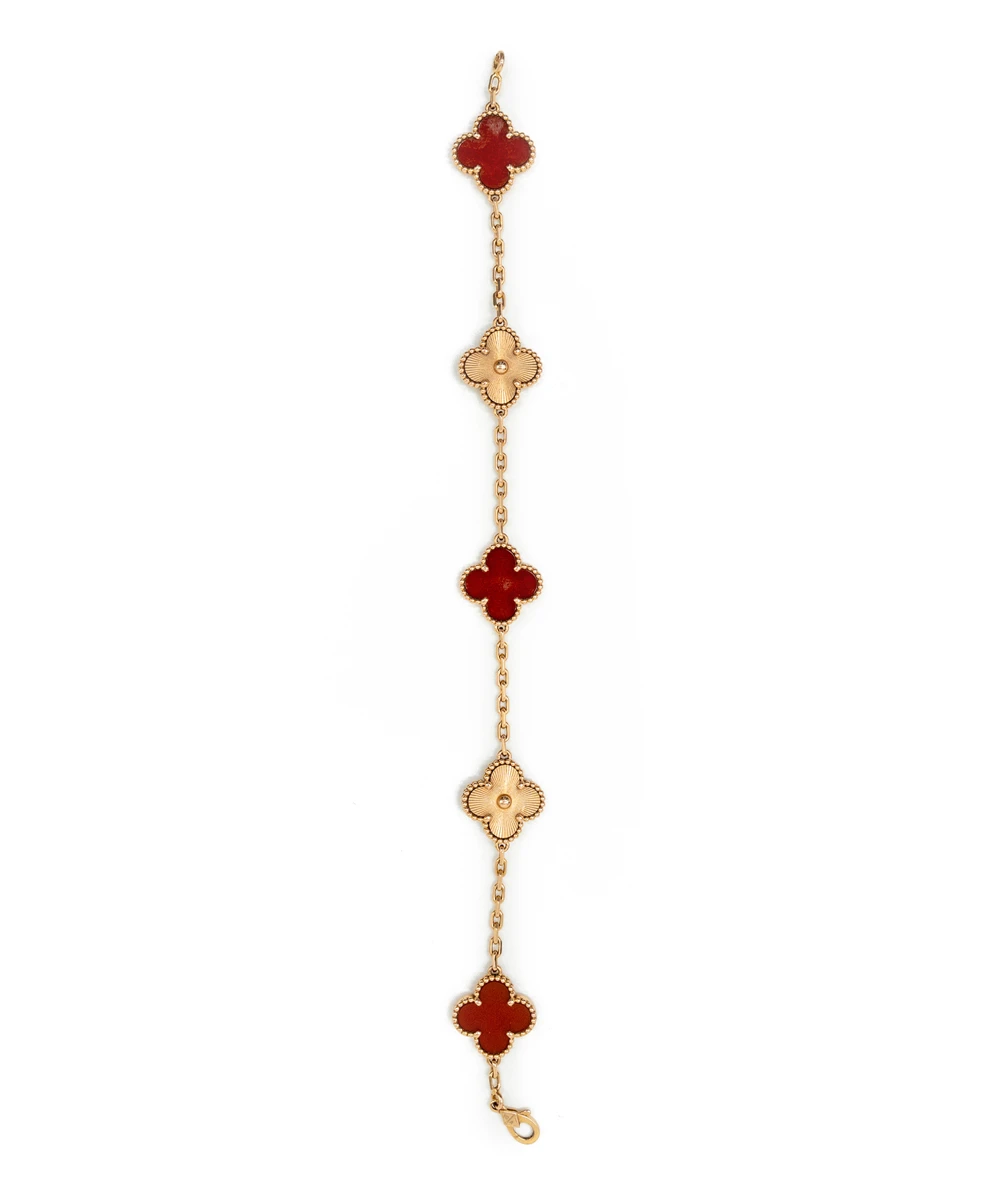 Van Cleef & Arpels Vintage Alhambra Carnelian 18K Pink Gold 5 Motif Station Bracelet
