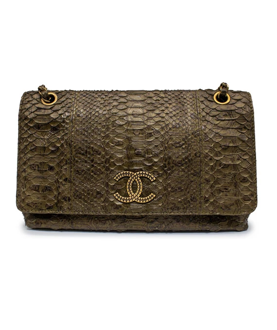 Chanel Paris-Byzance Green Python Leather Flap Bag with Silver Tone Hardware