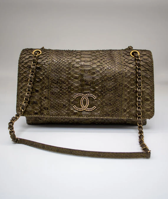 Chanel Paris-Byzance Green Python Leather Flap Bag with Silver Tone Hardware