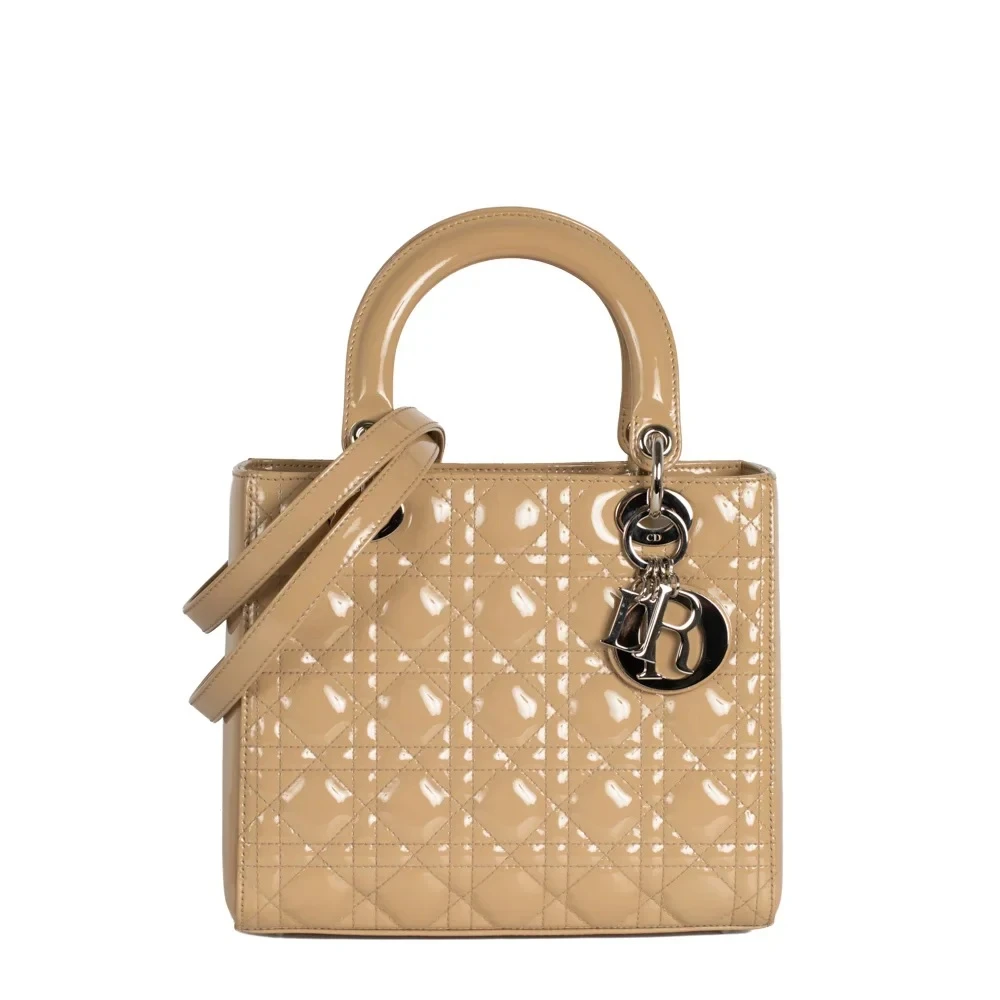 Lady Dior medium Bag Patent leather , color Taupe, Cannage stitching
