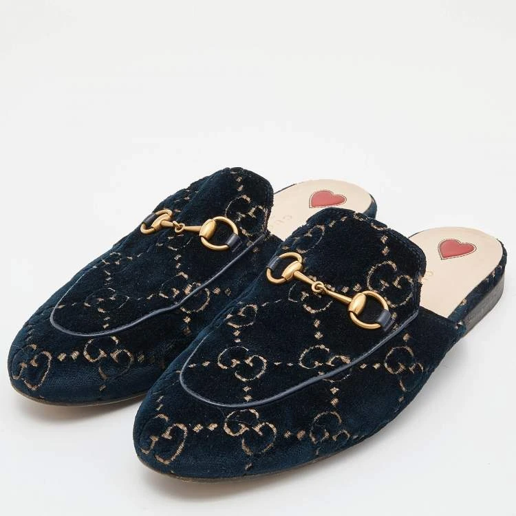 Gucci Blue/Gold GG Velvet Princetown Loafers Size 39