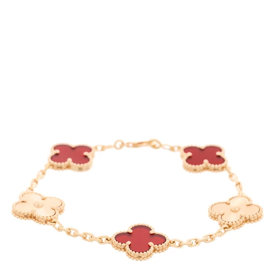 Van Cleef & Arpels Vintage Alhambra Carnelian 18K Pink Gold 5 Motif Station Bracelet