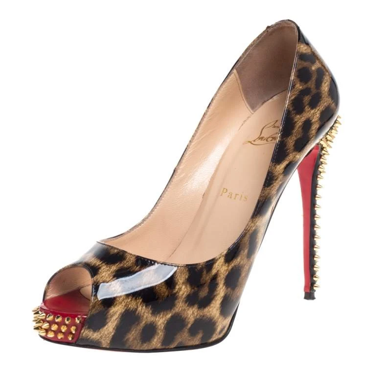 Christian Louboutin Size 39 Black/Brown Leopard Print Patent Leather New Very Prive Spikes Pumps