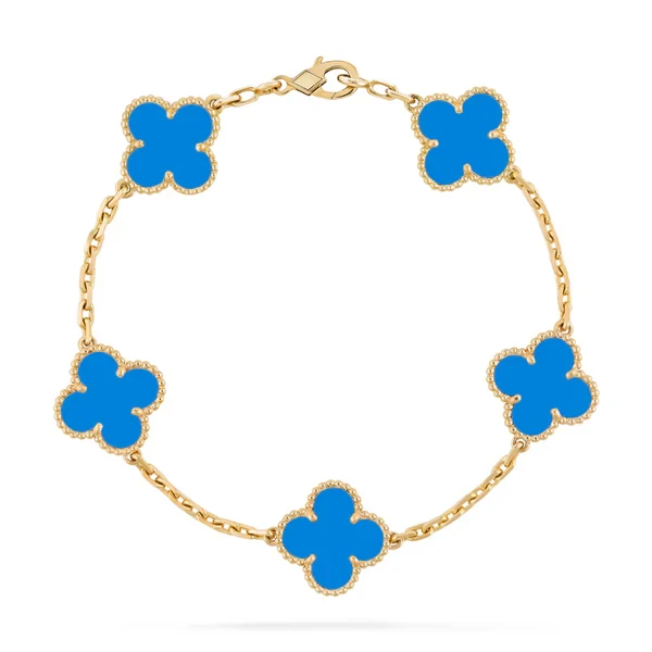 Van Cleef and Arpels Vintage Alhambra 18k Yellow Gold 5 motifs bracelet with Blue Agate