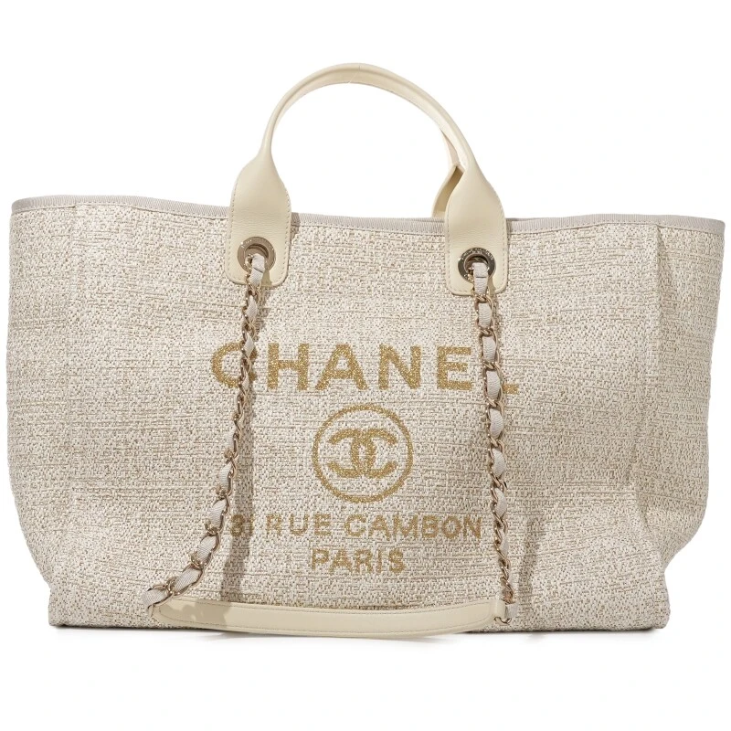 Channel  Canvas GM Deauville White Tote Bag  tweed with gold hardware