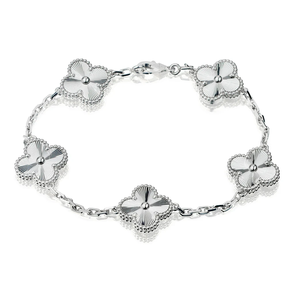 Van Clef Alhambra Bracelet 18k White Gold Guilloche 5 Motifs JD997842