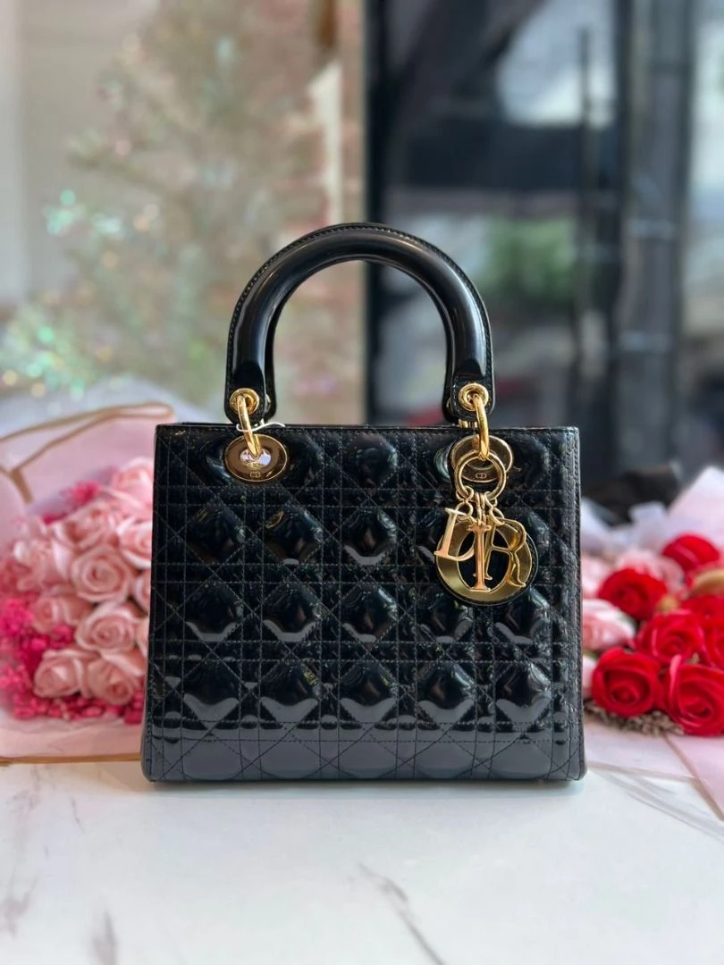 Dior Lady Dior Medium Black Partent Leather Bag