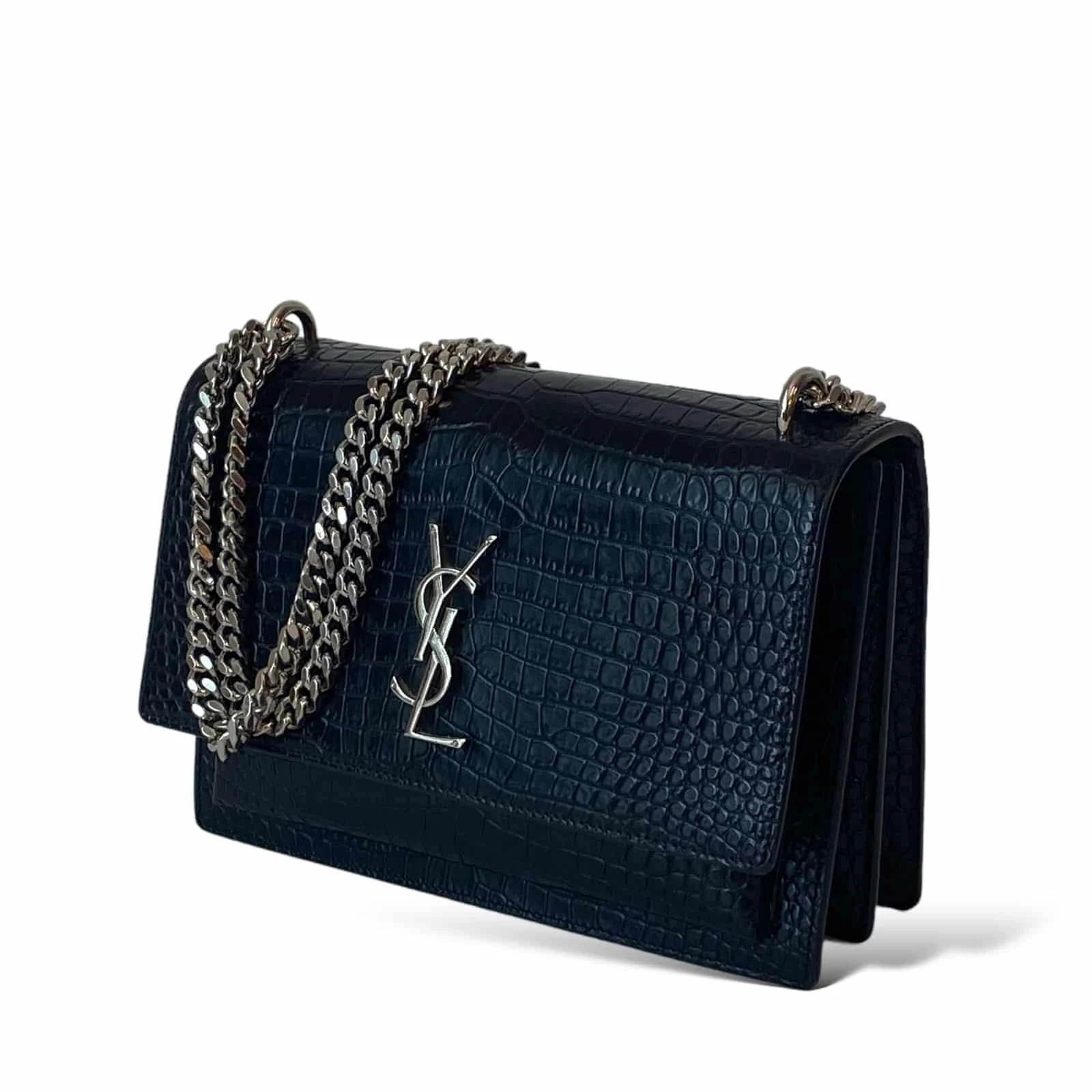 Saint Laurent Medium Sunset Crocodile embossed leather Black Bag