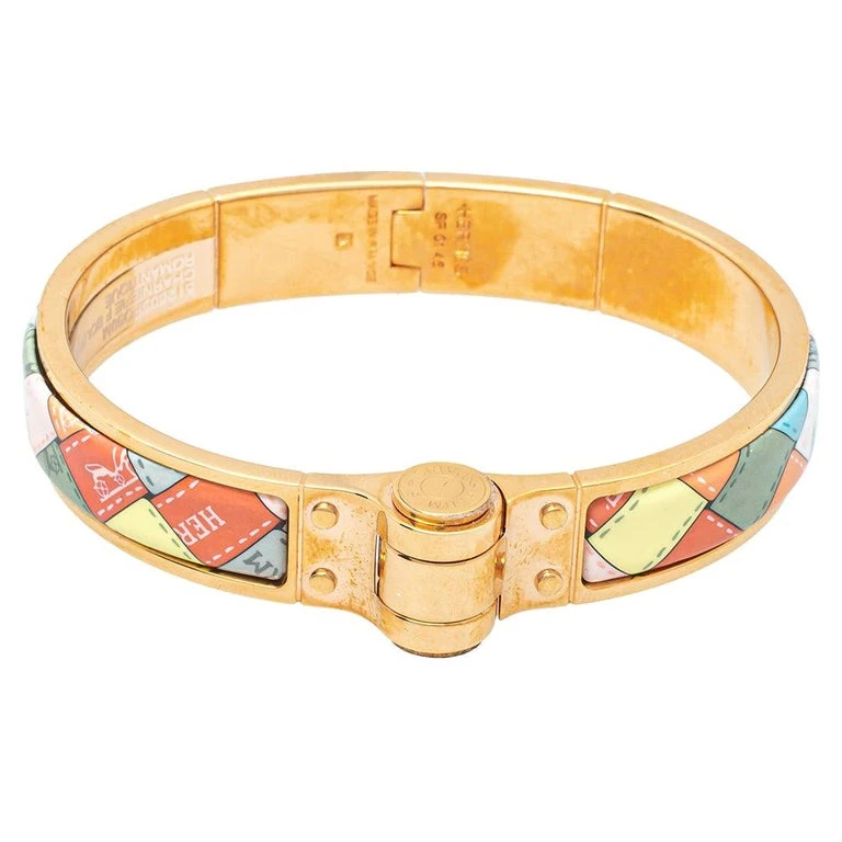 Hermes Multicolor Enamel and Gold Metal Bolduc Au Carre Hinged Bracelet
