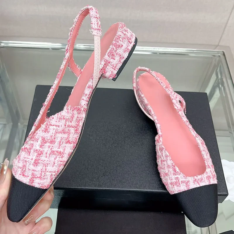 Chanel Pink and White Tweed Slingback Ballet Flat Shoes Size39.5
