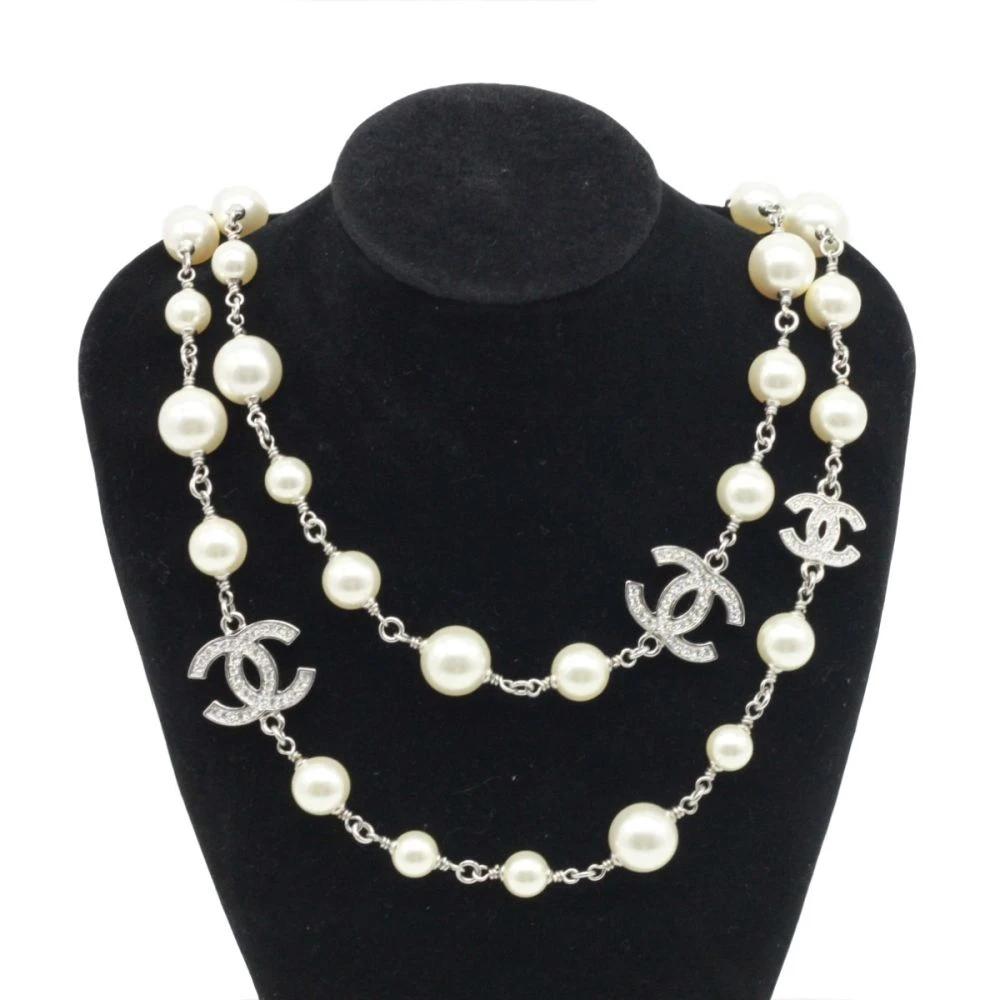 Chanel Pearl Necklace Lustrous Faux Interspersed Shimmering Crystal Chanel Logo BO