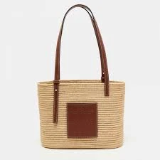 Loewe Beige/Tan Raffia and Leather Small Square Basket Bag