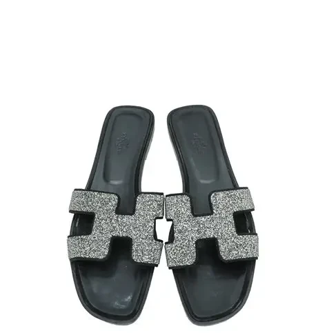 Hermes Noir Oran Suede Goatskin Crystal Detail Sandal Size 37