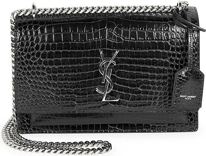Saint Laurent Black Croc Embossed Leather Meidum Sunset Shoulder Bag DB