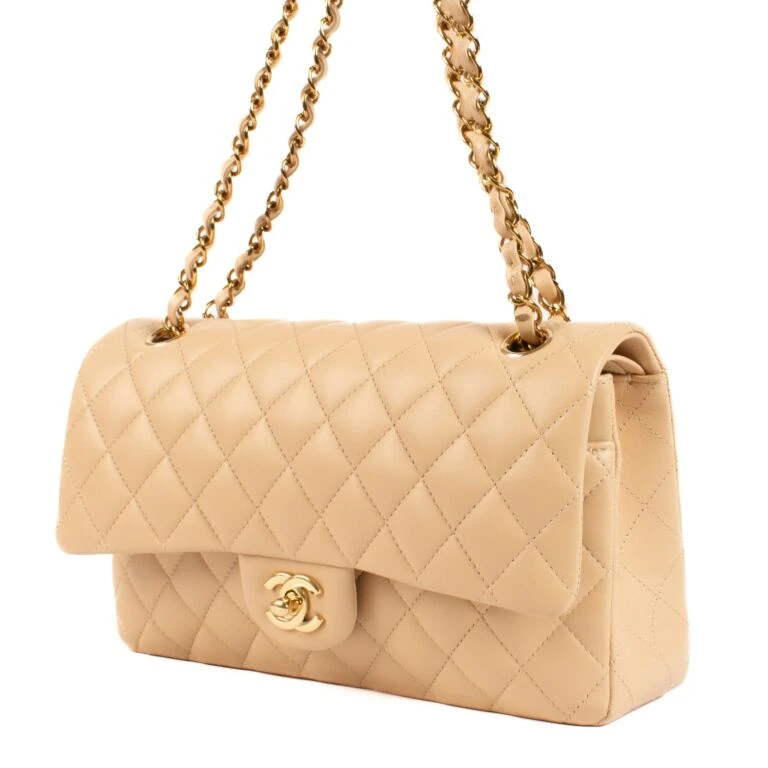 Chanel Matelasse Classic Double Flap Lambskin Beige Shoulder Bag EN