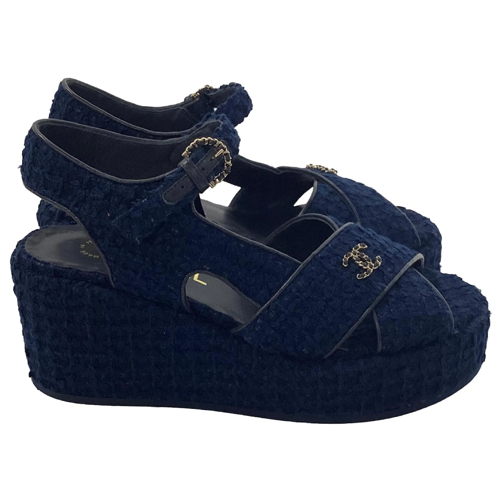 Chanel Sandals in Navy/Blue Tweed Size39 DB