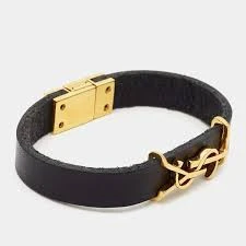 Saint Laurent Opyum Black Leather Gold Tone Bracelet BO/DB
