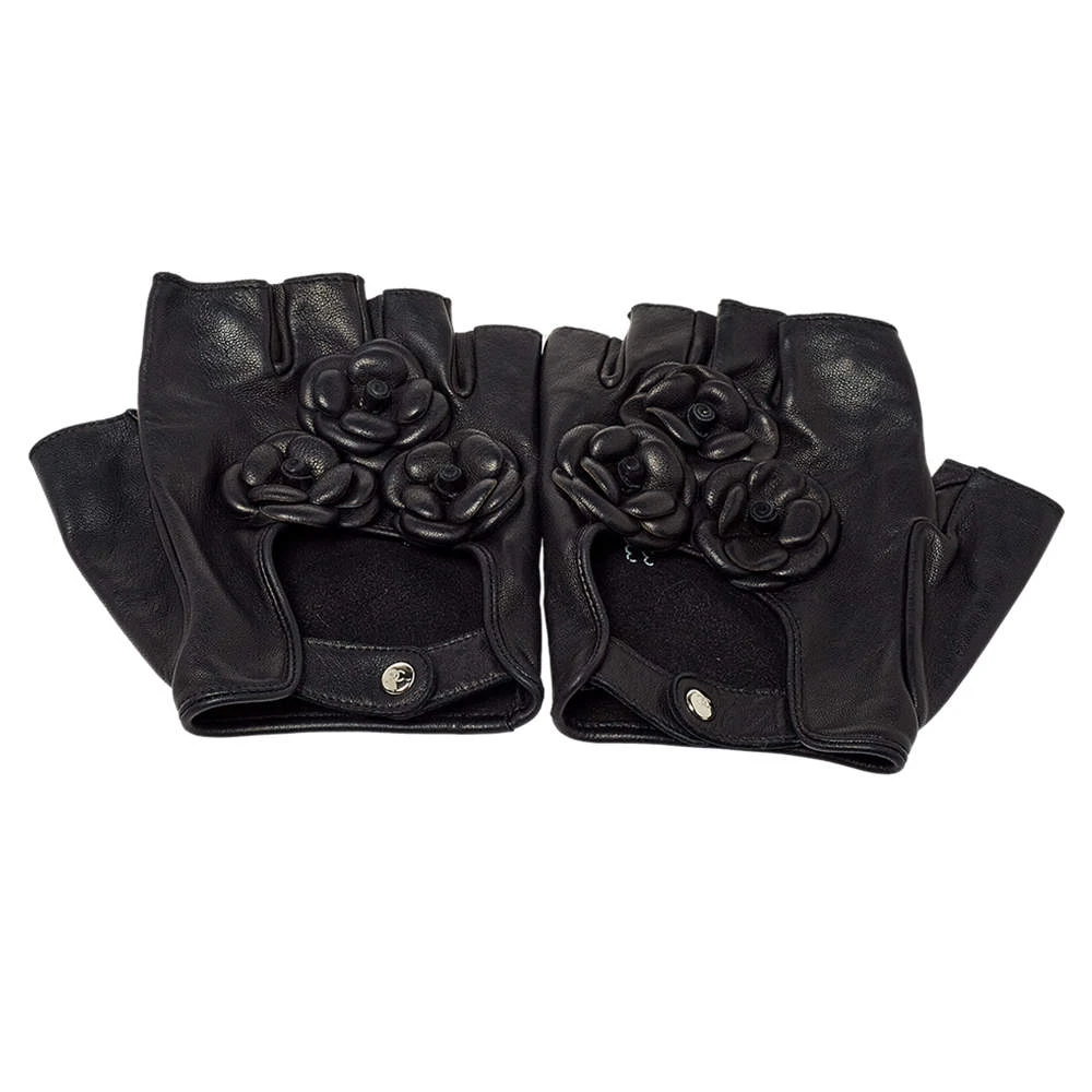 Chanel Black Leather Camellia Fingerless Gloves