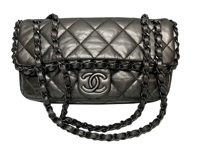 Chanel Dark Grey Crinkled Quilted Glossy Leather Chain Me Flap Bag