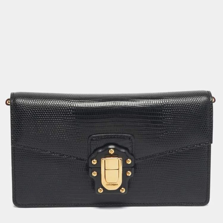 Dolce & Gabbana Black Lizard Embossed Leather Lucia Wallet On Chain