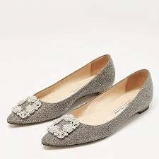 Manolo Blahnik Hangisi Flats in Silver Glitter Fabric Size 36 DB