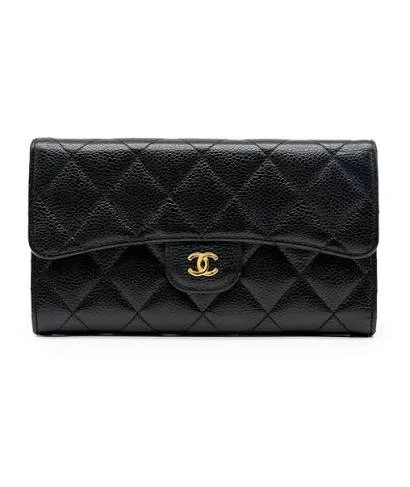 Chanel Black Quilted Caviar Leather Flap Wallet BO/DB