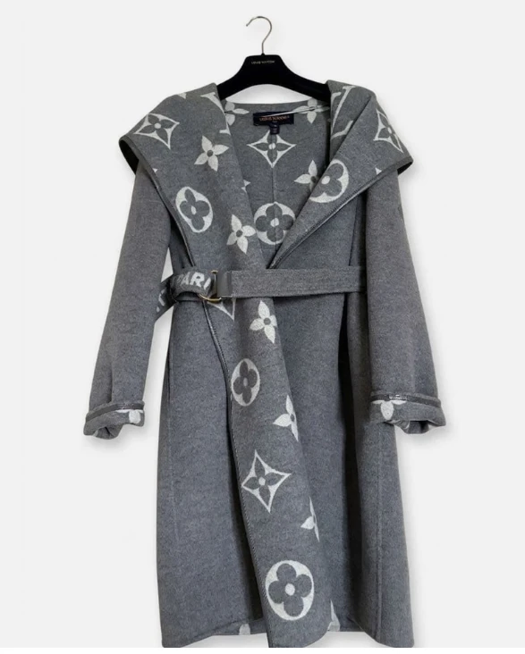 Louis Vuitton Wool & silk Fabric Belt Monogram Gray Coat