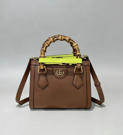 Gucci Diana Mini Tote Bag Brown leather, Neon Yellow Belt Strap, ST,DB