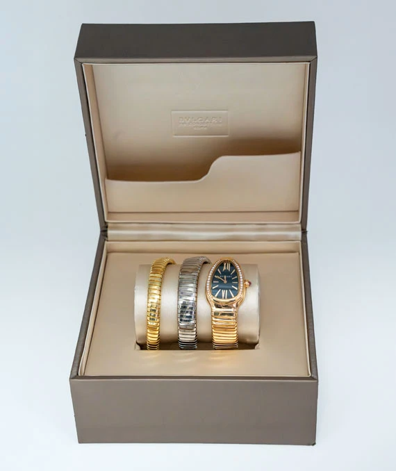 Bvlgari Serpenti Tubogas Double Spiral 35mm Watch 18kt Rose, White and Yellow Gold with Diamond Encrusted Bezel