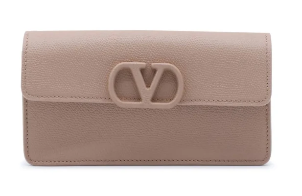 Valentino VLogo Flap Beige Leather Clutch EN