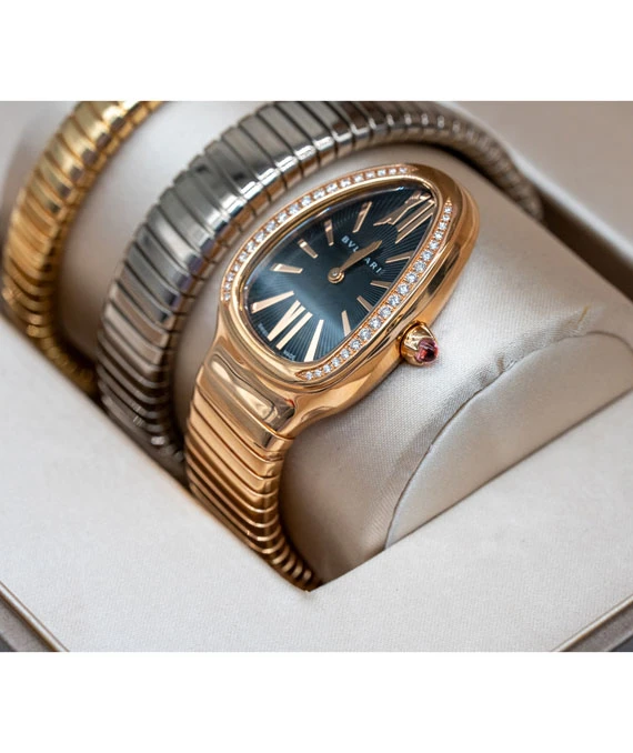 Bvlgari Serpenti Tubogas Double Spiral 35mm Watch 18kt Rose, White and Yellow Gold with Diamond Encrusted Bezel