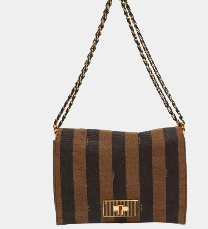 Fendi Tobacco Canvas Large Pequin Stripe Claudia Shoulder Bag DB/ EN