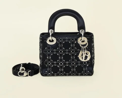 Dior Mini Lady Dior Black Strass Cannage Satin Bag ST/EN