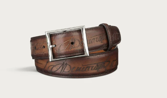 Berluti Scritto Leather Belt,Brown Venezia Calfskin and brand iconic handwritten engraving