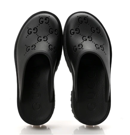 Gucci Elea Platform Mules Rubber GG Monogram Black Size 09