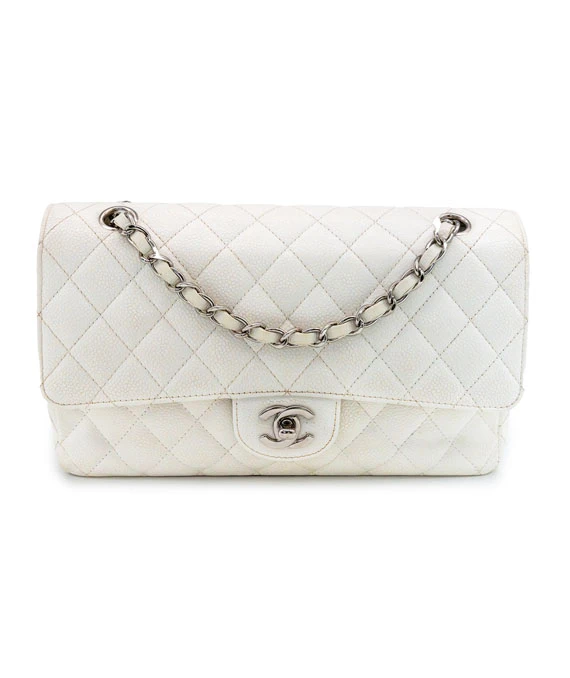 Chanel Size 25 Medium Classic Double Flap White Caviar Leather Handbag with Silver Hardware