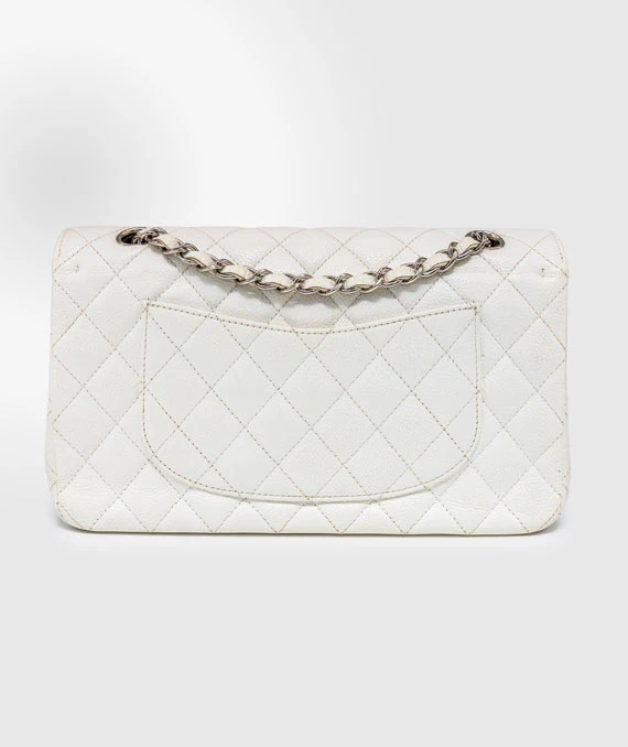 Chanel Size 25 Medium Classic Double Flap White Caviar Leather Handbag with Silver Hardware