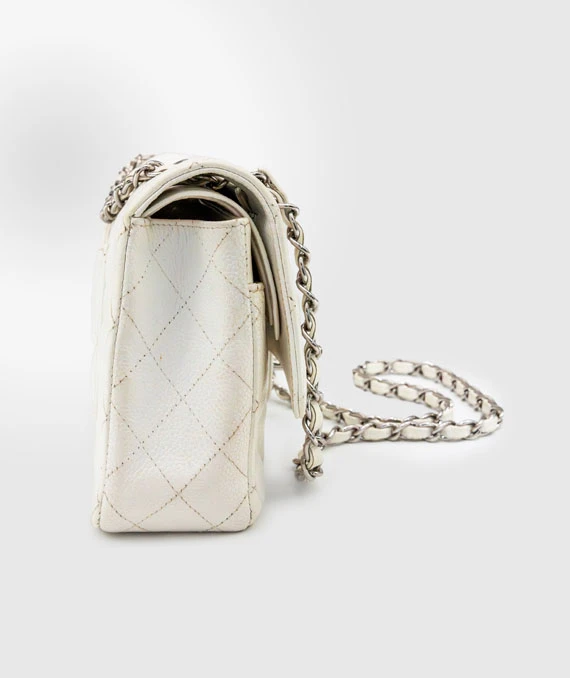 Chanel Size 25 Medium Classic Double Flap White Caviar Leather Handbag with Silver Hardware