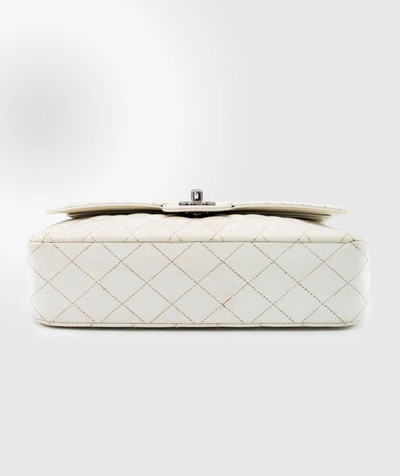 Chanel Size 25 Medium Classic Double Flap White Caviar Leather Handbag with Silver Hardware