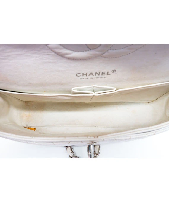 Chanel Size 25 Medium Classic Double Flap White Caviar Leather Handbag with Silver Hardware