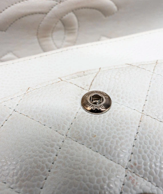 Chanel Size 25 Medium Classic Double Flap White Caviar Leather Handbag with Silver Hardware