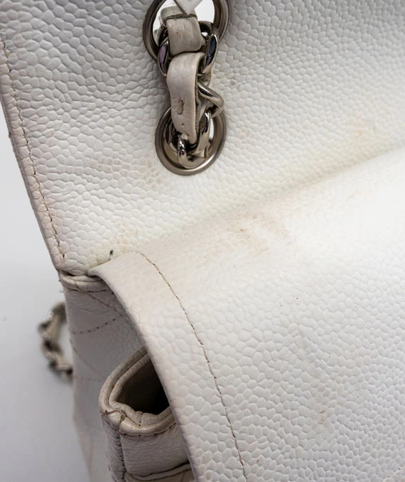 Chanel Size 25 Medium Classic Double Flap White Caviar Leather Handbag with Silver Hardware