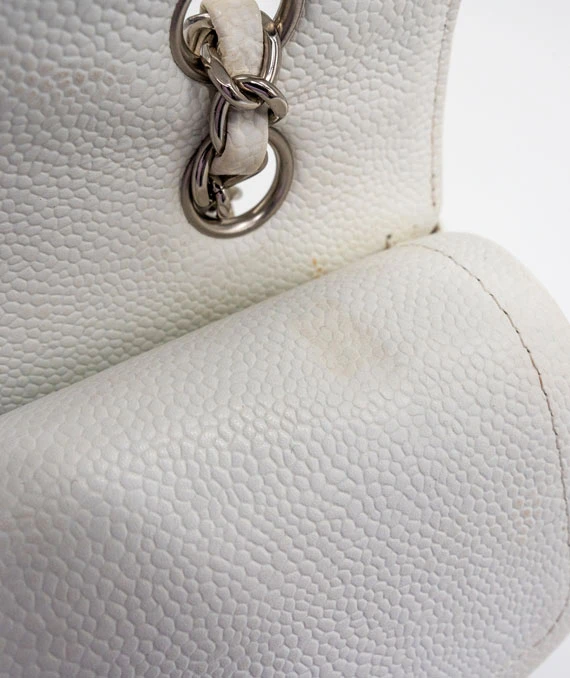 Chanel Size 25 Medium Classic Double Flap White Caviar Leather Handbag with Silver Hardware