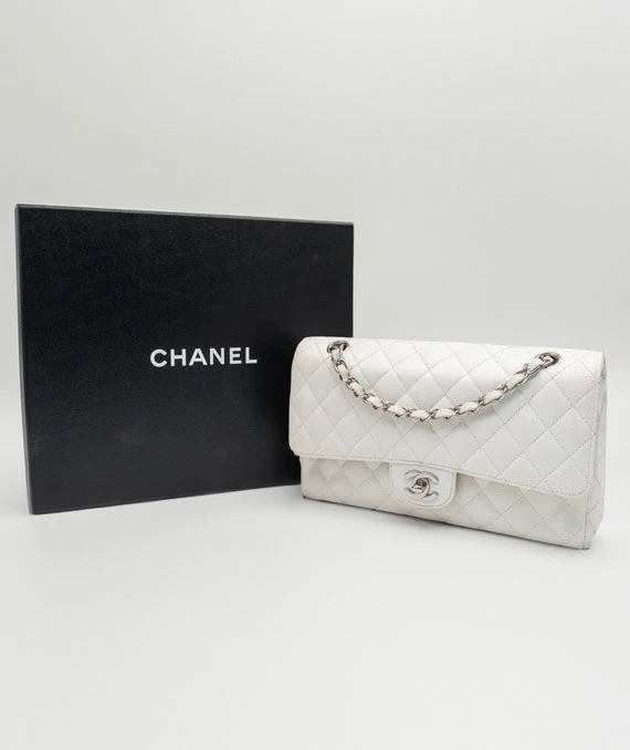 Chanel Size 25 Medium Classic Double Flap White Caviar Leather Handbag with Silver Hardware