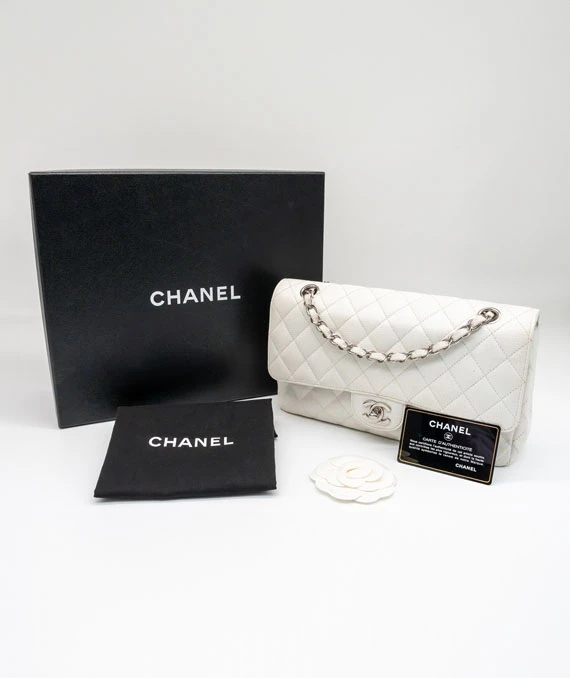 Chanel Size 25 Medium Classic Double Flap White Caviar Leather Handbag with Silver Hardware