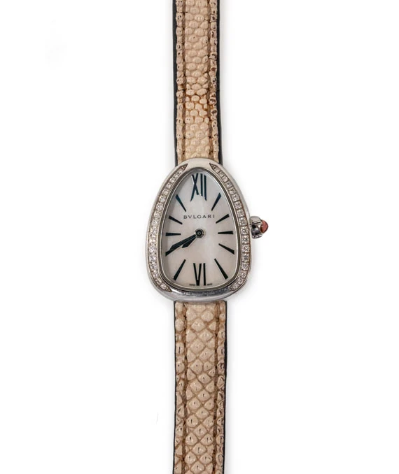 Bvlgari Serpenti White Dial in 18k White Gold with Diamond Bezel on Beige Double Wrap Leather Strap Watch